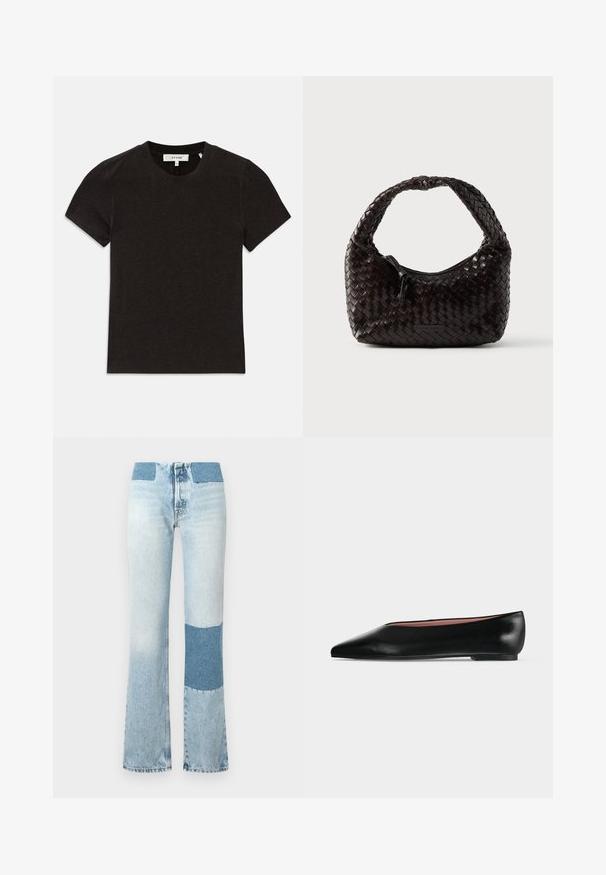 Schwarzes kurzärmeliges T-Shirt aus geripptem Strick mit Rundhalsausschnitt und sichtbarem Markenlabel am Kragen.; Hellblaue Jeans mit ausgestellt geschnittenem Bein und einem kontrastierenden dunkelblauen Patch an jedem Bein. Sie haben eine hohe Taille und genähte Details an den Nähten.; Schwarzer flacher Damenleder-Schuh mit spitzer Kappe und niedrigem Absatz, von der Seite auf einfarbigem hellgrauem Hintergrund gezeigt.; Geflochtene Lederhandtasche in Dunkelbraun, abgerundete Form mit einem dicken geflochtenen Griff. Verfügt über einen Reißverschluss und dezentes Branding an der Seite.