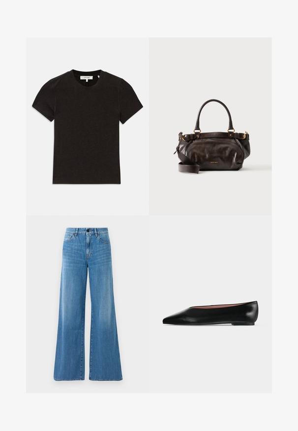 T-shirt noir à manches courtes en tricot côtelé avec encolure ronde et étiquette de marque visible au niveau du col.; Jeans en denim bleu taille haute avec une coupe large, fermeture à bouton à l'avant, fermeture éclair et poches avant et arrière.; Chaussure plate en cuir noir pour femme, avec bout pointu et petit talon, vue de côté sur un fond gris clair uni.; Sac à main en cuir marron foncé avec deux poignées, bandoulière réglable, ferrures dorées et petit logo de la marque à l'avant.