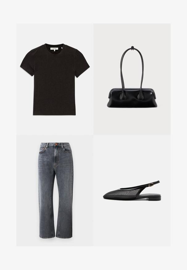 Svart kortermet ribbestrikket T-skjorte med rund halsing og synlig merkeetikett på kragen.; Mørk grå denimjeans med høy midje, rett passform, fem lommer og kontrastfarget oransje søm.; Svart slingback flatsko med spiss tå, mesh-overside, justerbar spenne stropp og lav stablet hæl på hvit bakgrunn.; Svart lærveske med to lange håndtak, en glatt tekstur og en avrundet bunn med dekorative detaljer på sidene.