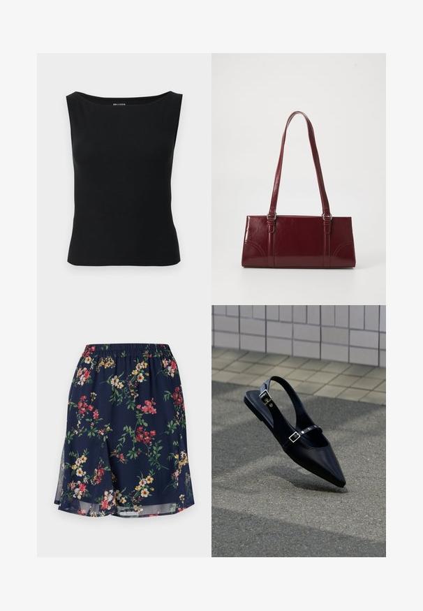 Sort ærmeløs top lavet af ribstrikket stof med en bred halsudskæring og en tætsiddende silhuet. Simpelt design uden mønstre eller detaljer.; Blomsterkjole med elastisk talje, der har en marineblå baggrund pyntet med røde, gule og grønne blomstermønstre. Letvægtsstof.; Sort flad slingback med spids tå og dobbelte spænder, hvilende på grå asfalt nær flisevæg.; Bordeaux håndtaske lavet af glansfuldt materiale, rektangulær form, med to skulderremme og subtile buede detaljer på forsiden.