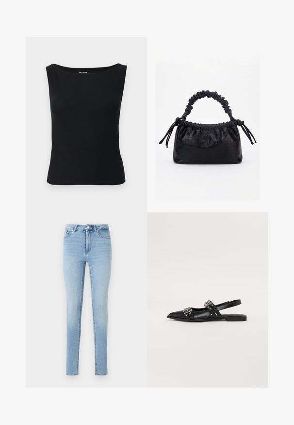 Sort ærmeløs top lavet af ribstrikket stof med en bred halsudskæring og en tætsiddende silhuet. Simpelt design uden mønstre eller detaljer.; Lys blå denim skinny jeans har en frontknap og lynlås lukning, fem lommer og en let falmet overflade for struktur.; Even&Odd by Zalando Slingback-ballerinasko - black; Sort taske med krokodilletekstur, rynket øverste kant, samlet hank og snore med kvaster på hver side mod en hvid baggrund.