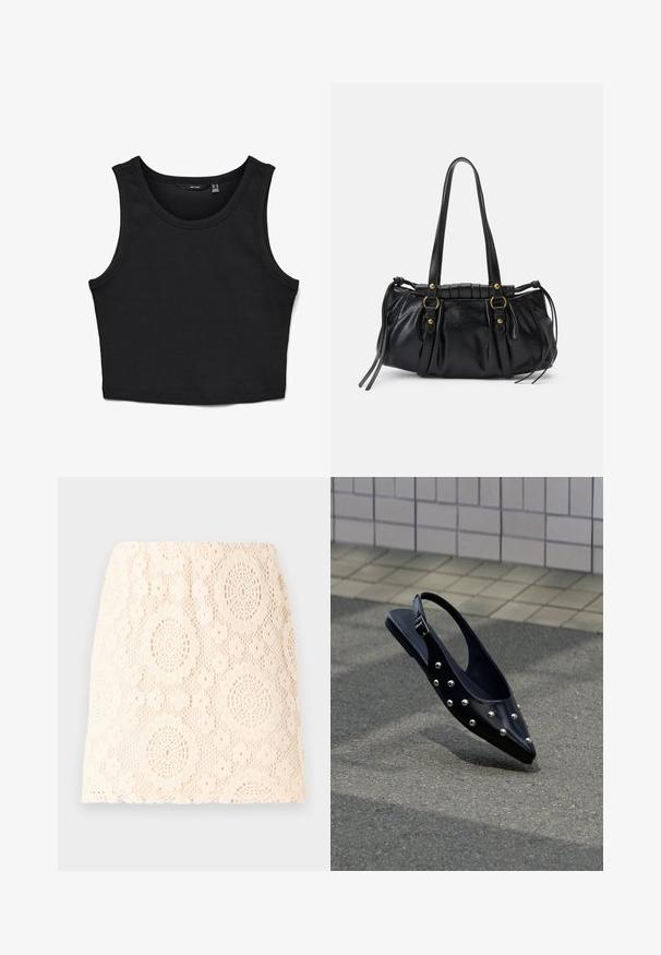 Sort cropped tank top lavet af ribbet stof. Har brede stropper og en rund halsudskæring med en tætsiddende pasform.; Blonde nederdel i creme med blomstermønster. Har komplekse ovale udsnit og en tætsiddende silhuet. Den teksturerede stof tilføjer et delikat udseende.; Sort spids slingback-sko med sølvnitter, der svæver over asfalt tæt på flisebelagt væg.; Sort læderhåndtaske med rund form, dobbelte hanke, dekorative hardware-detaljer og snøre på siden. Glat, blank overflade.