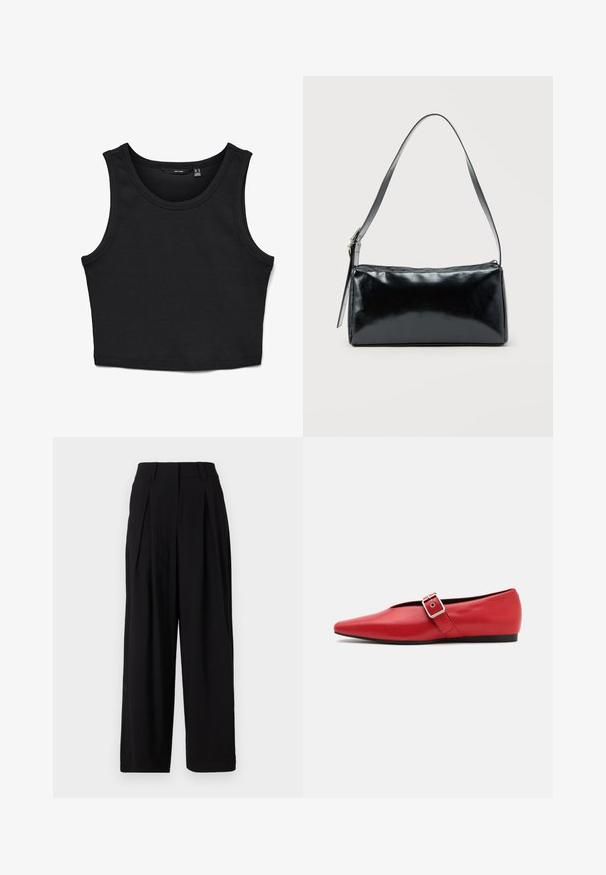 Top corto negro de tirantes anchos, confeccionado en tejido acanalado. Presenta un escote redondo y un ajuste ceñido en toda la prenda.; Pantalones de pierna ancha negros, hechos de una tela suave, con una cinturilla alta, pliegues en la parte delantera y una silueta fluida.; Zapato plano de cuero rojo con punta afilada, que presenta una correa lateral con una hebilla de metal y un tacón bajo negro. Textura suave en toda su superficie.; Bolso de hombro rectangular negro con una correa ajustable y un cierre de cremallera superior sobre un fondo liso.