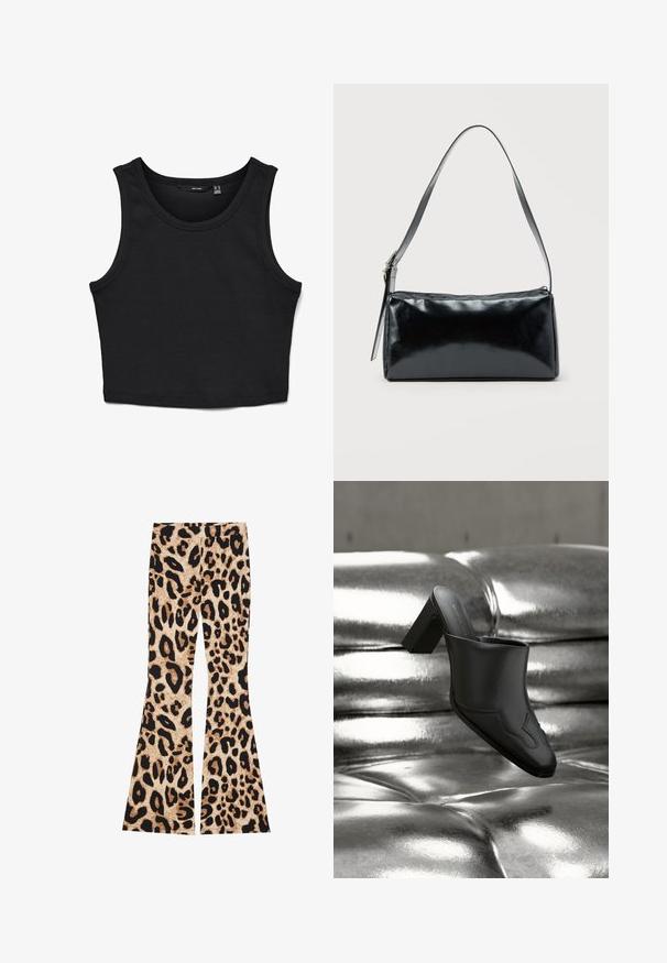 Sort cropped tank top lavet af ribbet stof. Har brede stropper og en rund halsudskæring med en tætsiddende pasform.; Leopardmønstrede buksers med flared ben, der har en ribbet tekstur, i beige og sorte farver med varierede pletmønstre i hele stoffet.; Sort lædermule med blokhæl hvilende på en skinnende sølvpolstret overflade, der fremhæver dens elegante design og buede detaljer.; Sort rektangulær skuldertaske med en enkelt justerbar rem og lynlås i toppen på en ensfarvet baggrund.