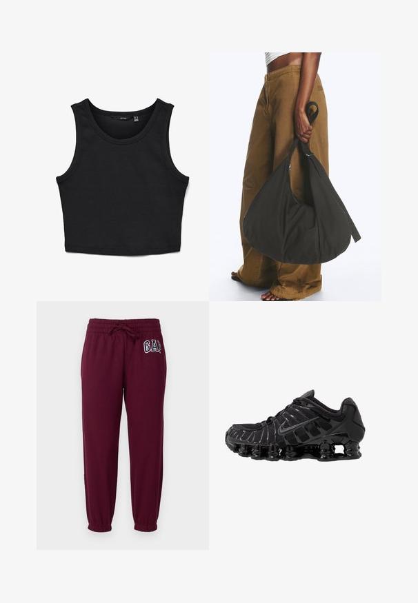 Μαύρο κοντό tank top φτιαγμένο από ριβέ ύφασμα. Διαθέτει φαρδιές τιράντες στους ώμους και στρογγυλή λαιμόκοψη με στενή εφαρμογή σε όλη την επιφάνεια.; GAP Petite HERITAGE - Παντελόνι φόρμας - ruby wine; Μαύρο αθλητικό παπούτσι με διχτυωτό επάνω μέρος και γυαλιστερές επενδύσεις. Διαθέτει καμπύλες ελαστικές αναρτήσεις και υφές στις πλευρές. Ο λογότυπος της Nike είναι ορατός.; Άτομο που φορά καφέ παντελόνια φαρδιά και λευκό τοπ κρατώντας μια μεγάλη μαύρη μαλακή τσάντα χειρός από το λουρί της στο πλάι.