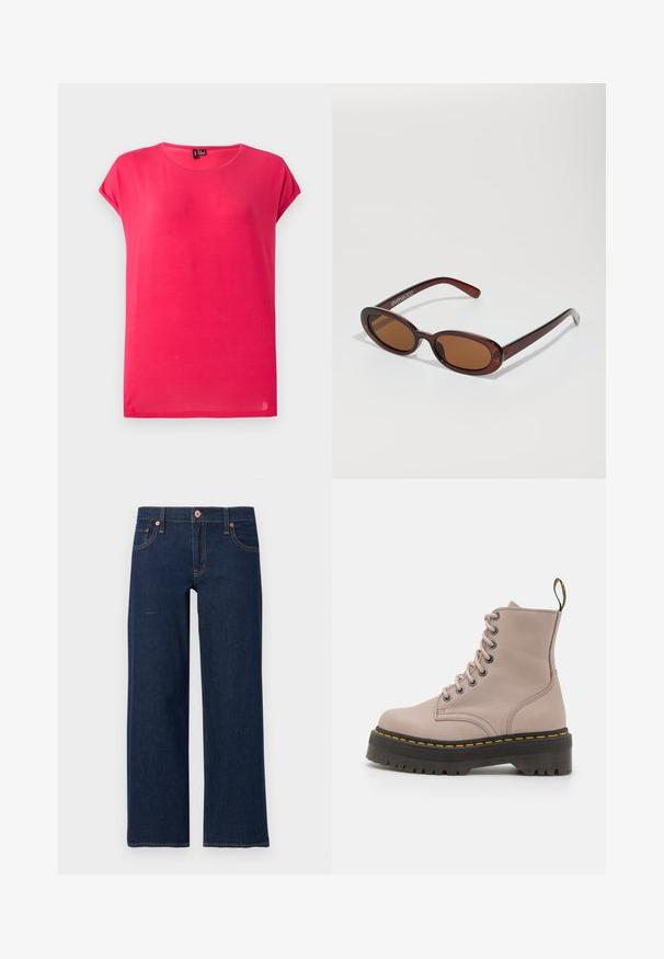 Camiseta de color rosa brillante, de manga corta, cuello redondo y corte holgado, mostrada sobre fondo gris claro.; Vaqueros de pierna recta en azul oscuro con botón y cremallera delanteros, cinco bolsillos y costuras visibles en naranja sobre un fondo gris.; Botín de tobillo con cordones en cuero rosa claro, que presenta una suela negra gruesa con un detalle de costura amarilla y una lengüeta en la parte posterior.; Gafas de sol redondas con tinte marrón y un marco burdeos brillante. Patillas delgadas con un sutil detalle de marca. Diseño de lentes planos.