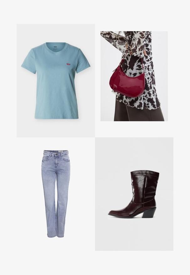 Hele-sinine lühikeste varrukatega ümara kaelusega T-särk, punase Levi's logo plaastriga vasakul rinnal, valgel taustal.; Heledad sinine otsejalgsed teksad, mis on valmistatud denimist ja millel on nööbi kinnitussüsteem, viis taskut ning kerge kulumise efekt ees ja taga.; Burgundi värvi nahast pahkluu saapad terava nina, tekstuuriga pinna ja kitsas madal konts. Omab peent õmblust ja mugavat istuvust.; Naine, kes kannab must-valget mustriga pluusi ja hoiab läikivat punast õlakotti ühevärvilise tausta ees.