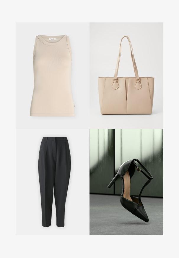 Camiseta sin mangas beige con escote redondo, diseño sencillo y pequeña etiqueta de marca en la costura lateral.; Pantalones negros ajustados con cintura alta, pinzas y pierna entallada. Tejido liso sin patrones ni adornos visibles.; Zapato de tacón alto de cuero negro con punta puntiaguda y correa en el tobillo, suspendido sobre una superficie gris con paneles de vidrio esmerilado en el fondo.; Bolso tote beige hecho de cuero sintético texturizado, con asas dobles y adornos en dorado. El diseño incluye un detalle frontal dividido.