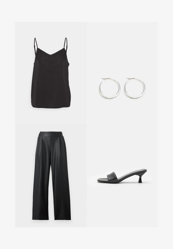 Camiseta sin mangas negra con detalle de encaje en el escote, que presenta tirantes ajustables y una textura de satén suave. Tres botones en la parte delantera.; Pantalones anchos de cuero sintético negro con cintura alta, detalles de botones en la cintura y pliegues delanteros.; Mules negros con tacón, de parte superior de cuero mate y suave, puntera abierta, banda ancha en el empeine y tacón cuadrado y delgado.; Los pendientes de aro de plata presentan un diseño suave y redondeado con un perfil delgado y un cierre seguro. Estilo minimalista con un acabado pulido.