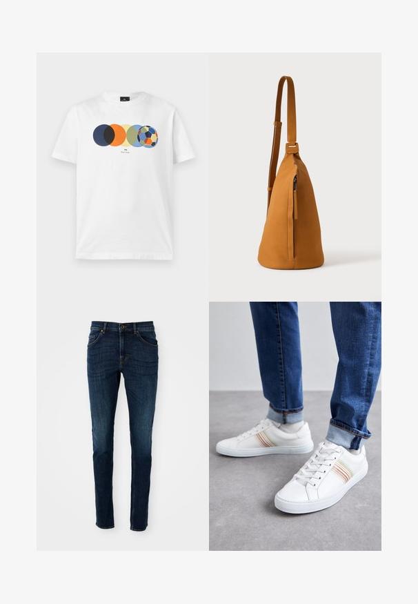 Hvid t-shirt med korte ærmer med grafik af fem overlappende farvede cirkler, hvor den sidste ligner en multifarvet fodbold, og lille tekst nedenunder.; Mørkeblå denim jeans med slim fit, struktureret design, fem-lommes stil og let falmning langs benene og sømmene.; Hvide lædersneakers med multicolore striber, snørebåndsdesign, gummisål og polstret krave, parret med blå denimjeans.; Tan læder crossbodytaske med justerbar rem og lodret lynlåslomme, vist fra siden mod en ensfarvet lys baggrund.