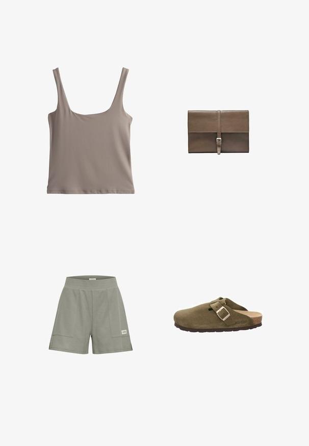 Ærmeløs taupe cropped tanktop med firkantet halsudskæring og brede skulderstropper, glat stof og enkelt design.; Grå teksturerede shorts med en bred elastisk talje, som har to sidelommer og et lille mærke på forsiden til venstre.; Grøn ruskindsklump med en bred rem og metalspænde, korksål og gummiydersål. Har et lille ventilationshul på overdelen.; Brun læderclutch med glat tekstur, klapdesign og en lodret rem med sølvspænde. Minimalistisk og elegant æstetik.