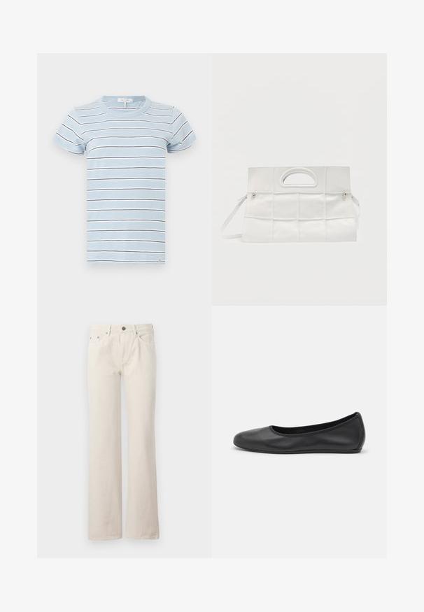 Hellblau gestreiftes T-Shirt mit kurzen Ärmeln, ausgestattet mit dünnen weißen und dunkelblauen Streifen sowie einem abgerundeten Ausschnitt. Baumwollmaterial.; Beige weit geschnittene Jeans aus Baumwolle, mit vorderen Taschen, einem Reißverschluss und einer dezenten strukturierten Oberfläche. Klassisches Design mit lockerer Passform.; Schwarze Leder-Ballettschuhe mit abgerundeter Spitze, glatter Textur, minimalen Nähdetails und einem flexiblen Sohlen-Design.; Weiße rechteckige Handtasche mit gewebtem Lederdesign, ausgeschnittenem Griff an der Oberseite und abnehmbarem Schulterriemen vor einfachem Hintergrund.