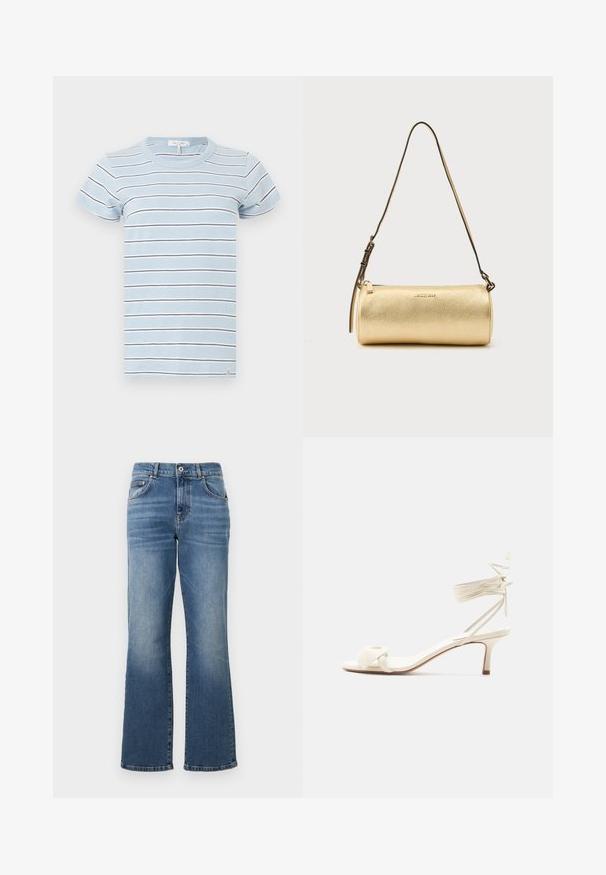Hellblau gestreiftes T-Shirt mit kurzen Ärmeln, ausgestattet mit dünnen weißen und dunkelblauen Streifen sowie einem abgerundeten Ausschnitt. Baumwollmaterial.; Blaue Denim-Jeans mit geradem Bein, mittelhoher Taille, fünf Taschen Design und dezenten Verwaschungen entlang der Beine.; Sandale in Cremefarben mit niedrigem Absatz, Knöchelriemen zum Binden und breitem, verdrehtem Riemen über den Zehen auf weißem Hintergrund.; Goldfarbene zylindrische Leder-Schultertasche mit verstellbarem Riemen und Reißverschluss, Michael Kors Logo mittig auf der Vorderseite.