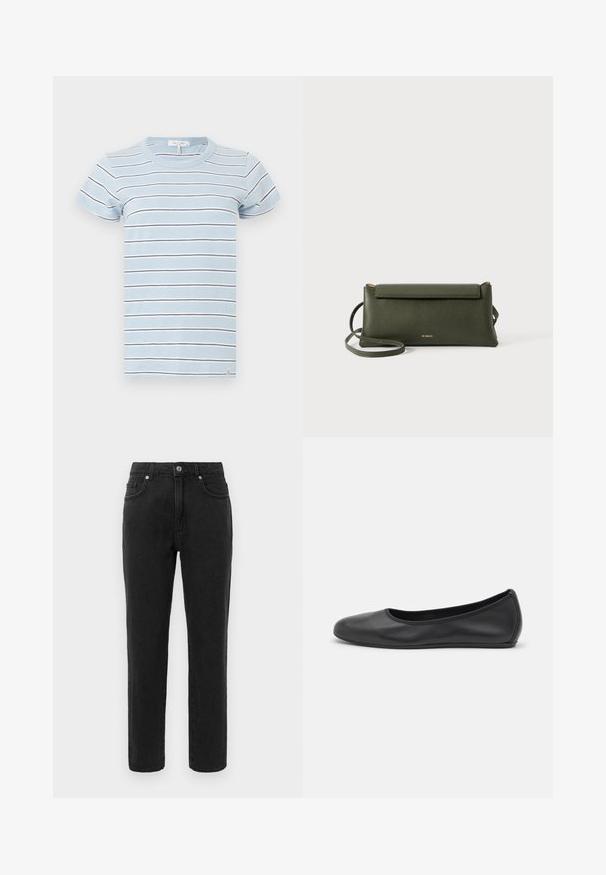 Hellblau gestreiftes T-Shirt mit kurzen Ärmeln, ausgestattet mit dünnen weißen und dunkelblauen Streifen sowie einem abgerundeten Ausschnitt. Baumwollmaterial.; Schwarze Jeans aus Denim mit geradem Bein, klassischer fünf-Taschen-Design und Knopfverschluss. Enthält dezente Nähte.; Schwarze Leder-Ballettschuhe mit abgerundeter Spitze, glatter Textur, minimalen Nähdetails und einem flexiblen Sohlen-Design.; Dunkelgrüne, strukturierte Leder-Crossbody-Tasche mit Klappenverschluss und dünnem verstellbarem Tragegurt, geprägt mit kleinem goldenen "Bee Projects"-Logo.