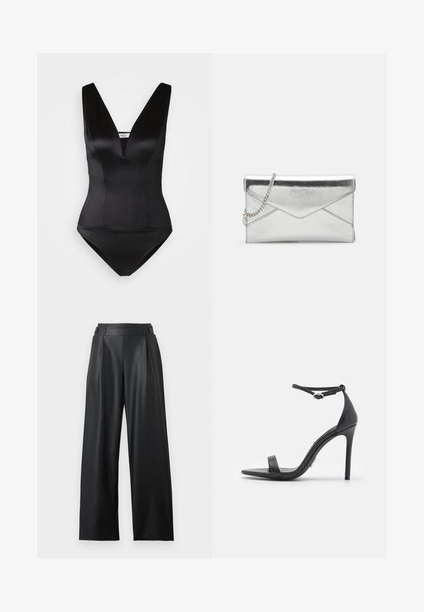 Bañador negro de una pieza con escote en V profundo, acabado satinado elegante y diseño ajustado. Sin patrones ni embellishments visibles.; Pantalones anchos de cuero sintético negro con cintura alta, detalles de botones en la cintura y pliegues delanteros.; Sandalias de tacón alto negras con punta abierta, tiras delgadas y hebilla en el tobillo. Textura de cuero suave con un diseño de punta afilada.; Bolso de mano metálico plateado con cadena, que presenta un diseño de solapa angular y costuras que añaden textura.