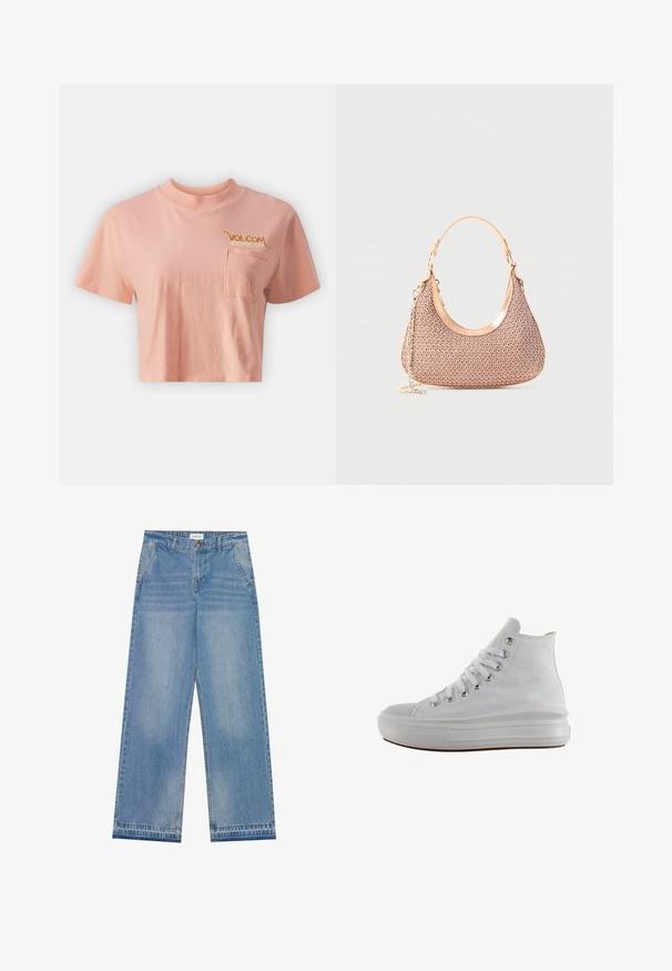 Lyserød, kort t-shirt lavet af bomuld med rund halsudskæring. Har en lille lomme og et guld "Volcom Stone Co"-logo på brystet.; Lyseblå højtaljede wide-leg jeans med knaplukning, frontlommer, bæltestropper og diskret falmet detaljer.; Hvid højt canvas sneaksko med hvide snørebånd, metaløjer, tyk gummisål og tekstureret tåhætte, vendt mod venstre på en hvid baggrund.; Lille beige vævet håndtaske med en enkelt strop og detaljer i guldkæde, vist mod en ensfarvet lys baggrund.