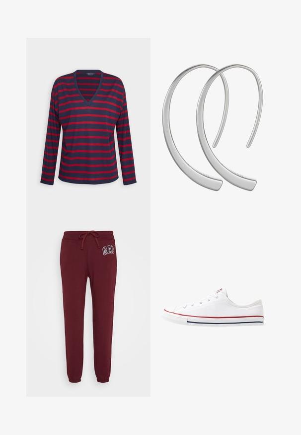 Marks & Spencer RELAX V NECK - Top s dlhým rukávom - scarlet; GAP HERITAGE JOGGER - Tepláky - ruby wine; Biele plátenné tenisky s nízkym strihom a červenými a modrými akcentovými pruhmi, zaoblenou špičkou a gumovou podrážkou. Obsahuje šesť dierok na šnúrky.; Strieborné kovové kruhové náušnice s hladkým, lesklým povrchom a zakriveným tvarom polmesiaca, s minimalistickým dizajnom a bez viditeľných vzorov.