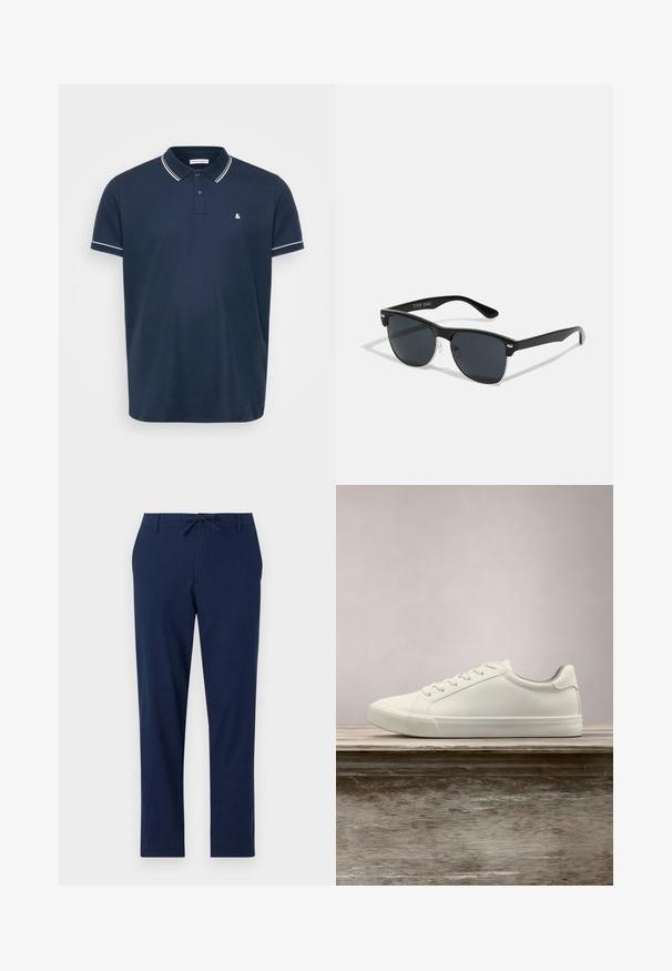 Polo de color azul marino hecho de tela texturada, con un collar clásico, tres botones y ribetes blancos en las mangas y el collar. Pequeño logo en el pecho.; Pantalones azul marino de material ligero con cintura ajustable y perneras estrechas, que cuentan con bolsillos delanteros y traseros.; Zapatilla blanca con cordones flotando sobre un banco de madera con follaje verde al fondo, mostrando el diseño y la textura del zapato.; Gafas de sol negras con forma rectangular, lentes oscuros, detalles plateados en las patillas y un acabado mate en la montura.