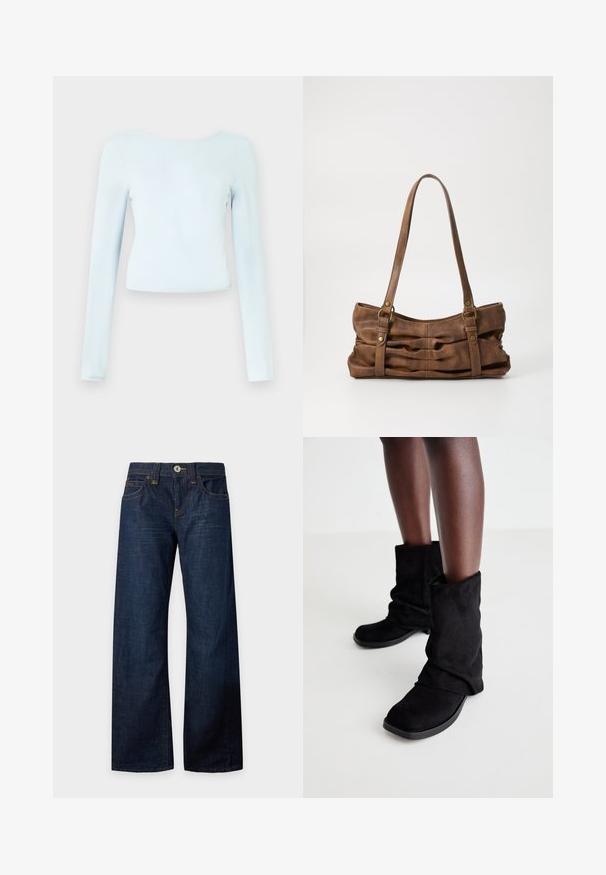 Lichtblauw crop top met lange mouwen, gemaakt van zachte stof met een ronde halslijn en een aansluitend ontwerp. Gladde textuur zonder zichtbare patronen.; Donkerblauwe jeans met wijde pijpen, knoop- en ritssluiting, voor- en achterzakken, riemlussen en contrasterend stiksel, plat neergelegd op een witte achtergrond.; Zwarte suède enkellaarsjes met een slouchy ontwerp, met een platte zool en een vierkante neus, gepresenteerd op donkere benen tegen een lichte achtergrond.; Even&Odd Handtas - brown