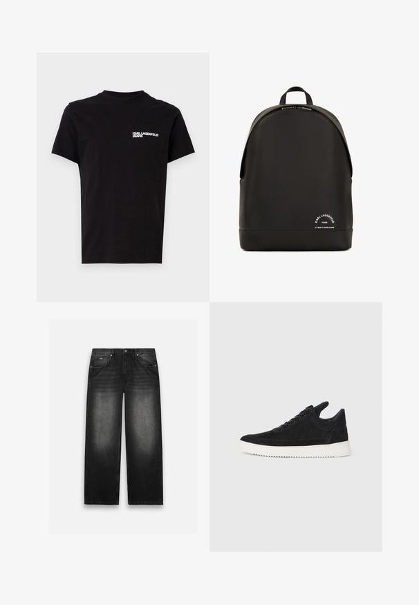 Schwarzes T-Shirt aus Baumwolle mit Rundhalsausschnitt und kurzen Ärmeln. Auffälliger weißer Logo-Text auf der linken Brustseite. Einfaches Design.; Schwarze Jeans aus Denim mit weit geschnittenem Design. Verfügt über fünf Taschen, leichte Abnutzungsspuren und robuste Nähte. Knopf- und Reißverschluss.; Schwarze Wildleder-Sneaker mit einer weißen Gummisohle, die sich durch elegante Nähte und ein schnürbares Design auszeichnen. Glatte Textur mit einer modernen, stromlinienförmigen Form.; Schwarzer Rucksack aus glattem, strapazierfähigem Material mit abgerundetem oberen Teil, Reißverschluss und weißen Branding-Details am unteren Ende.