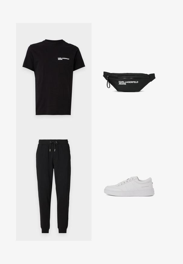 Zwarte T-shirt van katoen, met een ronde hals en korte mouwen. Opvallende witte logo-tekst op de linkerkant van de borst. Eenvoudig ontwerp.; Zwarte joggingsbroek met een elastische tailleband, verstelbare koord, zijzakken en tapered pijpen. Gemaakt van zachte, rekbare stof.; Witte leren sneakers met een klassiek low-top ontwerp, platte zool en subtiele merklogo op de hiel. Voorzien van vijf metalen oogjes voor veters.; Zwart heuptasje met rits en witte "KARL LAGERFELD JEANS" logo aan de voorkant, en verstelbare riem aan beide zijden.