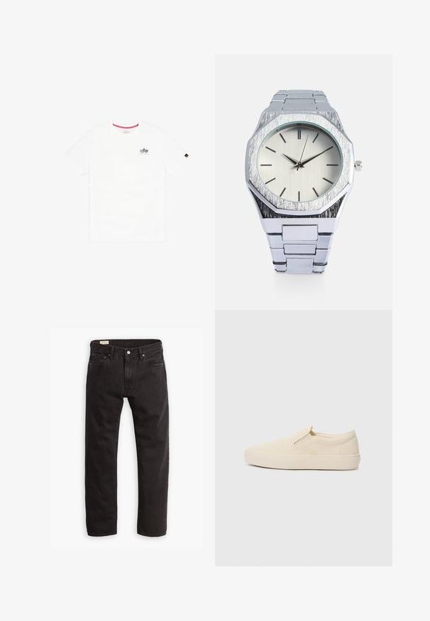 Witte T-shirt met korte mouwen met een klein zwart-grijs Alpha Industries-logo op de linkerborst en een klein zwart logolabel op de rechtermouw.; Zwarte denim jeans met een rechte pijp, voorzien van een klassiek vijf-pocket ontwerp, subtiele stiksels en een metalen knoopsluiting.; Beige instap schoenen van canvas met een rubberen zool. Voorzien van elastische zijaccenten en een gladde textuur. Eenvoudig, afgerond ontwerp.; Zilveren roestvrijstalen horloge met een achtzijdige kast, geborstelde textuur, minimalistische licht zilveren wijzerplaat en zwarte uurmarkeringen. Metalen schakelarmband.
