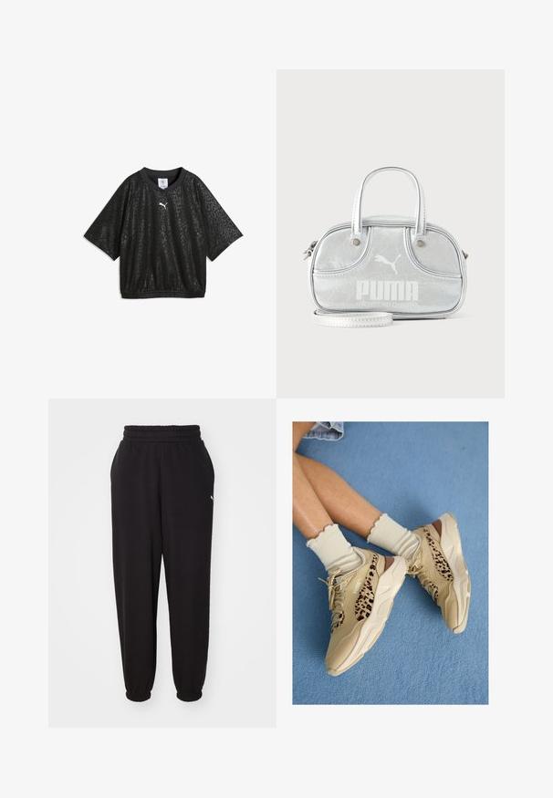 Camisa negra de manga corta con un sutil estampado de leopardo, dobladillo elástico y pequeño logo blanco de Puma en el pecho.; Pantalones de chándal negros hechos de tela suave, con cinturilla acanalada y tobillos ajustados. Incluye un pequeño logotipo en el costado.; Piernas cruzadas con zapatillas Puma beige con rayas de estampado de leopardo y calcetines crema con volantes sobre una alfombra azul.; Pequeño bolso Puma metálico plateado con dos asas superiores, una correa larga, logotipo en el frente y cierre de cremallera sobre un fondo liso y claro.