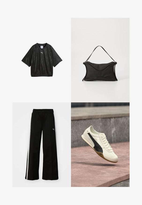 Camisa negra de manga corta con un sutil estampado de leopardo, dobladillo elástico y pequeño logo blanco de Puma en el pecho.; Pantalones anchos negros con cintura elástica, rayas blancas verticales, bolsillos laterales con cremallera y un pequeño logo en el muslo.; Zapatilla blanca con raya negra y suela de goma flotando sobre una superficie de piedra rosa, fondo de pared de piedra gris.; Bolso negro con un material suave y texturizado. Presenta un diseño ondulado, una correa para el hombro y un sutil detalle del logo en la parte frontal.