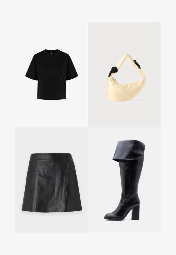Zwarte cropped t-shirt, gemaakt van zachte katoen, heeft korte mouwen, een ronde nek en een eenvoudig ontwerp zonder patronen of accenten.; Zwarte faux leren mini rok met een wikkelvoorkant, bevestigd met een knoop aan de rechterkant, gladde textuur en een lichte glans.; Hoge zwarte leren laars met hak, een omgeslagen boord en een ronde neus, rechtopstaand tegen een witte achtergrond.; Crèmekleurige satijnen schoudertas met twee zwarte gevlochten knopen aan de riem en een zichtbare ritssluiting.