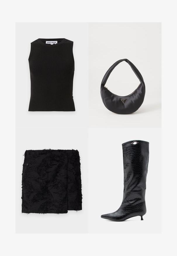 Débardeur noir côtelé avec un col rond, présentant une coupe ajustée et une texture subtile. Les côtes s'étendent sur tout le tissu.; Jupe noire en tissu texturé avec des accents effilochés. Forme carrée, longueur au-dessus du genou et détail de bouton sur le côté.; Botte noire à hauteur de genou en cuir verni embossé crocodile, avec un bout pointu et un petit talon kitten, agrémentée d'un accent angulaire en argent sur le dessus.; Sac à main en satin noir avec une forme courbée, doté d'une fermeture à glissière et d'un logo triangulaire en métal à l'avant. Texture lisse et design épuré.