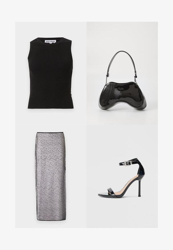 Top de tirantes negro con cuello redondo, que presenta un diseño ajustado y una textura sutil. La canalé se extiende a lo largo de la tela.; Larga falda ajustada de tejido plateado transparente con un patrón sutil y acentos brillantes. Presenta una cinturilla y un dobladillo negros.; Sandalia de tacón alto en piel sintética negra con correa en el tobillo. Presenta un diseño minimalista, punta abierta y una hebilla con detalles de pedrería.; Bolso de mano de piel sintética negra con un diseño curvado único, asas cortas y ajustables, y abertura con cremallera en la parte superior. Textura suave con una sutil marca.
