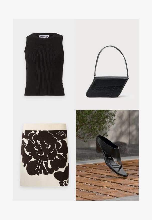 Top de tirantes negro con cuello redondo, que presenta un diseño ajustado y una textura sutil. La canalé se extiende a lo largo de la tela.; Falda crema con cinturilla ancha acanalada y gran estampado floral negro que cubre la parte delantera del tejido.; Sandalia negra de tacón alto con tira entre los dedos, flotando sobre una superficie exterior de madera y grava con patrón, con vegetación desenfocada y pared al fondo.; Bolso de hombro de cuero negro con forma triangular, logo en relieve y una sola correa ajustable. Diseño minimalista con textura suave.