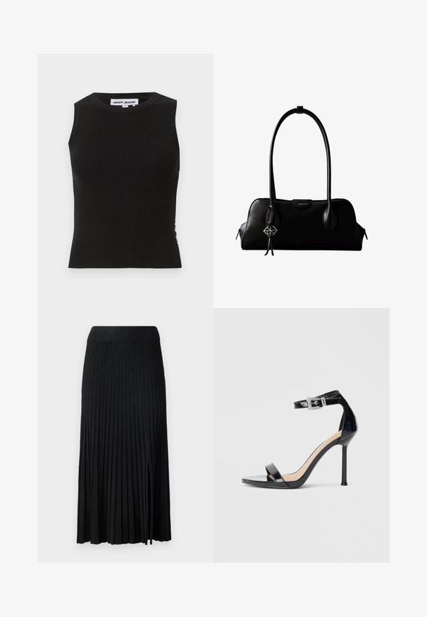 Schwarzes, geripptes Tanktop mit Rundhalsausschnitt, das eine figurbetonte Passform und subtile Textur aufweist. Die Rippung zieht sich über den gesamten Stoff.; Schwarzer plissierter Midirock mit geripptem Bund, aus strukturiertem Stoff, mit seitlichem Schlitz und vertikalen Linien im gesamten Design.; Schwarzer Riemchensandale aus Lackleder mit hohem Absatz und Knöchelriemen. Verfügt über ein minimalistisches Design, offene Zehenpartie und eine Schnalle mit Strassakzenten.; Schwarze Lederhandtasche von Calvin Klein mit langen Henkeln, einem vorderen Logo-Tag und einem silbernen geometrischen Anhänger, der an einem Henkel hängt.