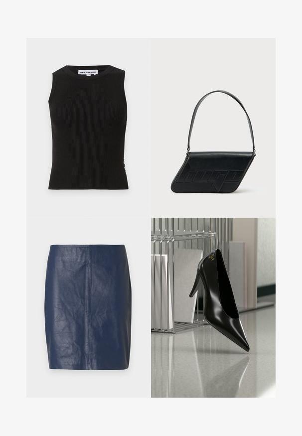 Sort ribbet tanktop med rund halsudskæring, der har en tætsiddende pasform og subtil tekstur. Ribben strækker sig gennem hele stoffet.; Marineblå mininederdel i læder med en glat tekstur, lige snit og minimale syningsdetaljer på siderne.; Sort højhælet sko med spids tå og guldlogo, placeret på en reflekterende overflade nær en krom trådfilholder med dokumenter.; Sort skuldertaske i læder med trekantet form, præget logo og en enkelt justerbar rem. Minimalistisk design med glat tekstur.