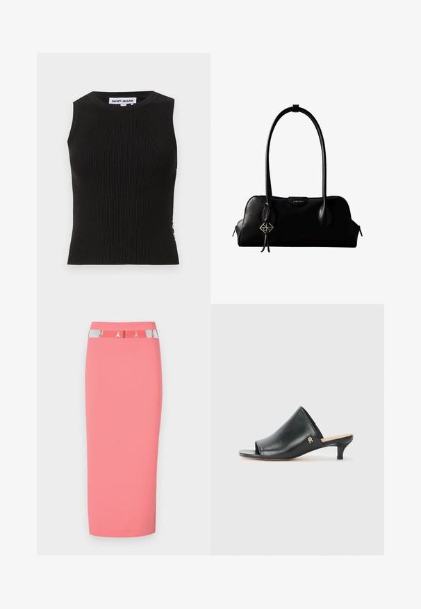 Top de tirantes negro con cuello redondo, que presenta un diseño ajustado y una textura sutil. La canalé se extiende a lo largo de la tela.; Falda lápiz rosa hecha de tela elástica, con una cinturilla plateada y negra con acentos metálicos y un diseño elegante y ajustado.; Mules de cuero negro de punta abierta con un tacón bajo. Presentan una superficie lisa y un acento del logo dorado en el costado.; Bolso de mano negro de cuero Calvin Klein con asas largas, una etiqueta con el logo frontal y un colgante geométrico plateado que cuelga de una de las asas.