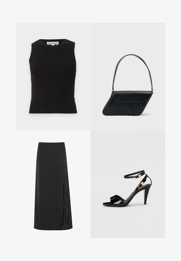 Must mustriba tank top, millekaelusega, millel on sobiv disain ja õrn tekstuur. Ribimine ulatub läbi kogu kanga.; Must sherline seelik, mis on valmistatud siledast kangast, millel on külg lõhk ja sirge siluett, millel on kerge läige. Kohandatud alläärega.; Mustra musternahkade musta nahk sandaal kõrgete kontodega, topelt pahkluu rihmade ja kuldsete pandlatega, avatud varvastega ja kitsaste kergelt koonusjate kontidega neutraalsel taustal.; Mustast nahast kolmnurkse kujuga õlakott, reljeefse logoga ja ühe reguleeritava rihmaga. Minimalistlik disain ja sile tekstuur.