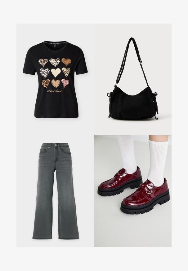 Zwart T-shirt met korte mouwen en negen hartjes met dierenprints, gerangschikt in drie rijen, met daaronder de tekst "wild at heart" in cursief.; Donkergrijze denim jeans met hoge taille, wijde pijpen, voorzakken en knoopsluiting op een neutrale achtergrond.; Bordeaux patent leren schoenen met een dikke zwarte zool, dubbele band met hartdetail en geribbelde witte sokken. Retro ontwerp met dikke grip.; Zwarte corduroy schoudertas met een gebogen vorm, een verstelbare schouderband en trekkoordsluitingen aan beide zijkanten voor maataanpassing.