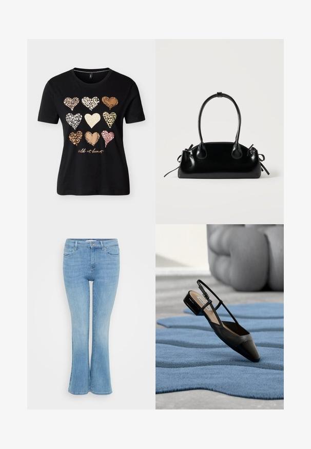 Schwarzes kurzärmeliges Hemd mit neun tierischen Herzmustern, die in drei Reihen angeordnet sind, und dem Schriftzug „wild at heart“ in Kursivschrift unter den Herzen.; ONLY Petite ONLANN MID - Flared Jeans - light blue denim; Schwarzer Slingback-Schuh aus Lackleder mit niedrigem Blockabsatz, der auf einem strukturierten blauen wellenförmigen Teppich und grauen gepolsterten Möbeln ruht.; Kleine schwarze glänzende Handtasche mit zwei langen Griffen und seitlichen Kordelzug-Details vor einfachem hellem Hintergrund.