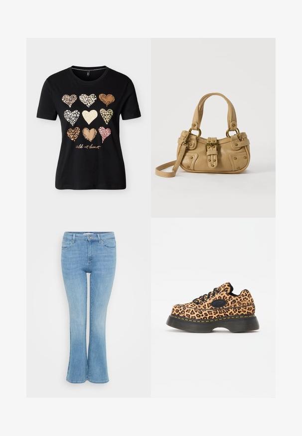 Camiseta negra de manga corta con nueve corazones de estampado animal dispuestos en tres filas, y el texto "wild at heart" en cursiva debajo de los corazones.; ONLY Petite ONLANN MID - Vaqueros a campana - light blue denim; Zapatillas de plataforma con estampado de leopardo, cordones negros, material texturizado y detalle de costura amarilla sobre una gruesa suela de goma negra.; Bolso de cuero beige con doble asa, hebilla y remaches de latón, y una correa de hombro ajustable sobre un fondo blanco.