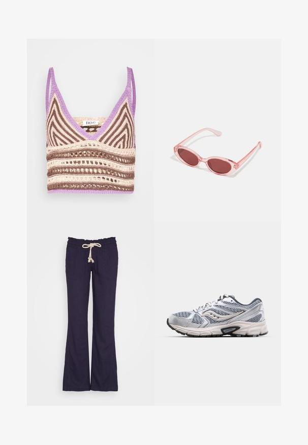 BDG Urban Outfitters NEW GIGI CROP - Débardeur - purple; Pantalons navy avec une coupe décontractée, en tissu léger, dotés d'une taille élastique et d'un cordon de serrage ; deux poches avant.; Bottine de course argentée avec tige en mesh, semelle rembourrée et accents gris. Dotée d'un bout arrondi et d'un design à lacets. Logo de la marque visible.; Lunettes de soleil transparentes roses avec des verres ovales, teintés d'un rouge foncé, et des branches fines, présentant une finition lisse et des détails subtils sur la monture.