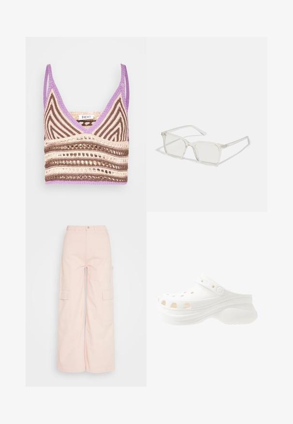 BDG Urban Outfitters NEW GIGI CROP - Μπλούζα - purple; Weekday SIENNA TROUSER - Παντελόνι cargo - pink dusty light; Λευκά φουσκωτά καλτσάκια με ανυψωμένη φτέρνα, κυκλικές τρύπες για αερισμό, ρυθμιζόμενη ζώνη πίσω και υφή στη σόλα για καλύτερη πρόσφυση.; Διάφανα πλαστικά γυαλιά με τετράγωνους σκελετούς και διαφανείς φακούς, με χρυσές λεπτομέρειες στους βραχίονες για επιπλέον στυλ.