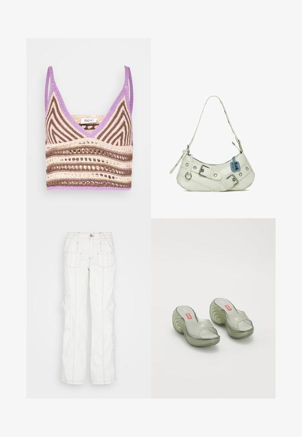 BDG Urban Outfitters NEW GIGI CROP - Débardeur - purple; BDG Urban Outfitters Jean boyfriend - white; Melissa MELISSA QUANTUM PLATFORM X DIESEL AD - Sandales de bain - clear; Sac à main synthétique blanc avec une silhouette incurvée, une bandoulière réglable, une boucle décorative, du matériel en argent et une étiquette bleue attachée.