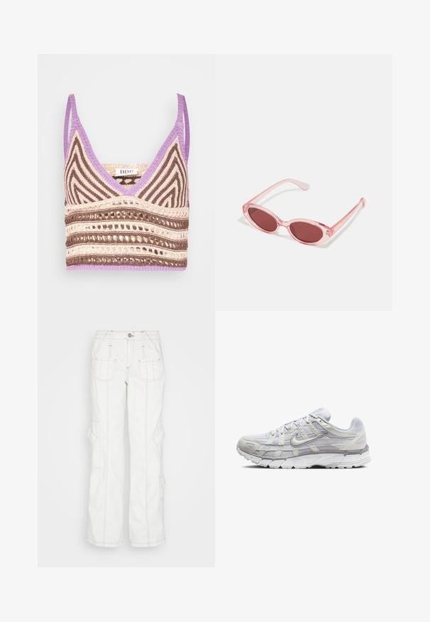BDG Urban Outfitters NEW GIGI CROP - Top - purple; BDG Urban Outfitters Džínsy voľného strihu - white; Svetlo šedé športové topánky s vrchom z ďalekého a syntetického materiálu, so šnurovacím uzáverom, polstrovaným golierom a štruktúrovanou podrážkou pre lepšiu priľnavosť.; Ružové priehľadné slnečné okuliare s oválnymi šošovkami, tmavočerveným tónovaním a štíhlymi ramenami, so hladkým povrchom a jemnými detailmi na ráme.