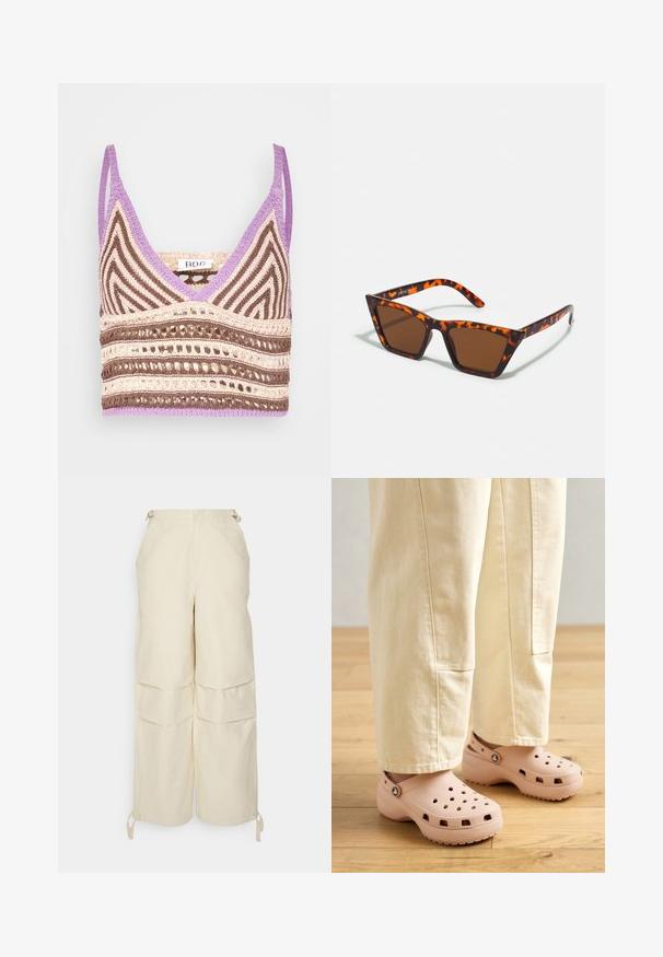 BDG Urban Outfitters NEW GIGI CROP - Top - purple; WRSTBHVR ZERA PANTS EGGSHELL WOMEN - Nohavice - off white; Svetloružové gumové dreváky so ventilačnými otvormi, kontúrovaným tvarom a textúrovou podrážkou pre lepšiu priľnavosť. Nosené s svetlobežovými nohavicami.; Hnedé slnečné okuliare s motívom korytnačiny, ostré rámy a štíhle nožičky. Ľahký plastový materiál.