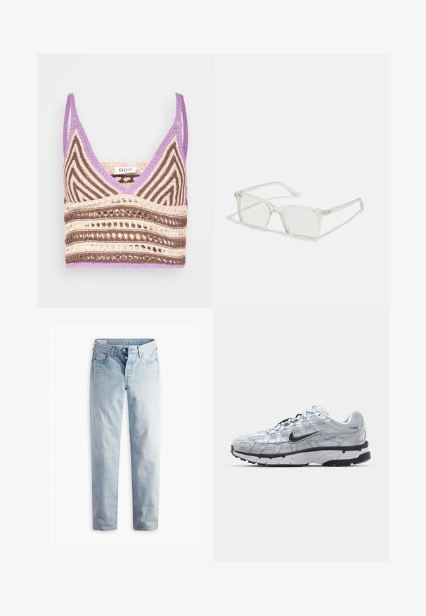 BDG Urban Outfitters NEW GIGI CROP - Top - purple; Hellblaue Jeans aus Denim mit geradem Bein, fünf Taschen und Metallknöpfen am Standardbund.; Nike P-6000 Sneakers mit einem Obermaterial aus leichtem grauem Mesh, schwarzen Akzenten und einer langlebigen schwarzen Gummisohle. Verfügt über ein komplexes Design und ein Schnürsystem.; Klare, quadratische Kunststoffbrillen mit durchsichtigen Gläsern, die goldene Akzente an den Bügeln für zusätzliche Details aufweisen.