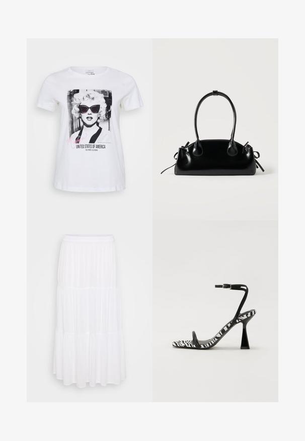 Witte katoenen t-shirt met een zwart-witafbeelding van een vrouw met een zonnebril, met de tekst "Marilyn" en "Verenigde Staten van Amerika".; Witte gelaagde maxi-rok van lichtgewicht stof, met een elastische tailleband en een vloeiende textuur met subtiele plooidetails.; Zwart-wit zebra print hoge hak sandaal met een open teen, slanke enkelband en een geometrische blokhak. Glad textuur.; Kleine zwarte glanzende handtas met twee lange hengsels en zijkant trekkoord details op een effen lichte achtergrond.