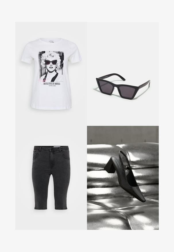 Hvid bomulds t-shirt med et sort og hvidt grafik af en kvinde iført solbriller, med teksten "Marilyn" og "United States of America".; Sorte denim capri-bukser med lige skæring, fem lommer og tonalt syning. Stoffet har en let tekstur og et klassisk design.; Sort slingback-hæl med spids tå, der har en tekstureret overflade og en chunky blokhæl. Lagt mod en skinnende, metallisk baggrund.; Sorte, kantede solbriller med grå linser; lavet af plast, med tykke stænger med en glat overflade og ingen synlig hardware.