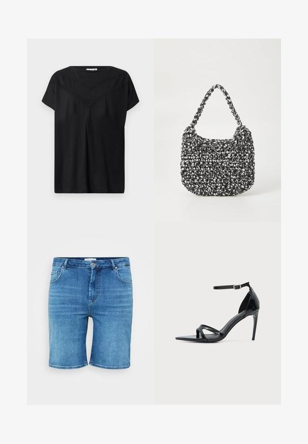 Sort kortærmet bluse med rund halsudskæring og to chevron-blondebånd over brystet på hvid baggrund.; Denim shorts i mellemblå farve, med lige snit, fem-lomme design og knaplukning. Blød tekstur, rene kantede kanter.; Sort laklædersandal med høje hæle, tynd ankelrem, åben tå og minimalistisk design på en ensfarvet lys baggrund.; Vævet håndtaske i sort og hvid med en rund form, tekstureret overflade og et fletet håndtag. Velegnet til afslappet brug.