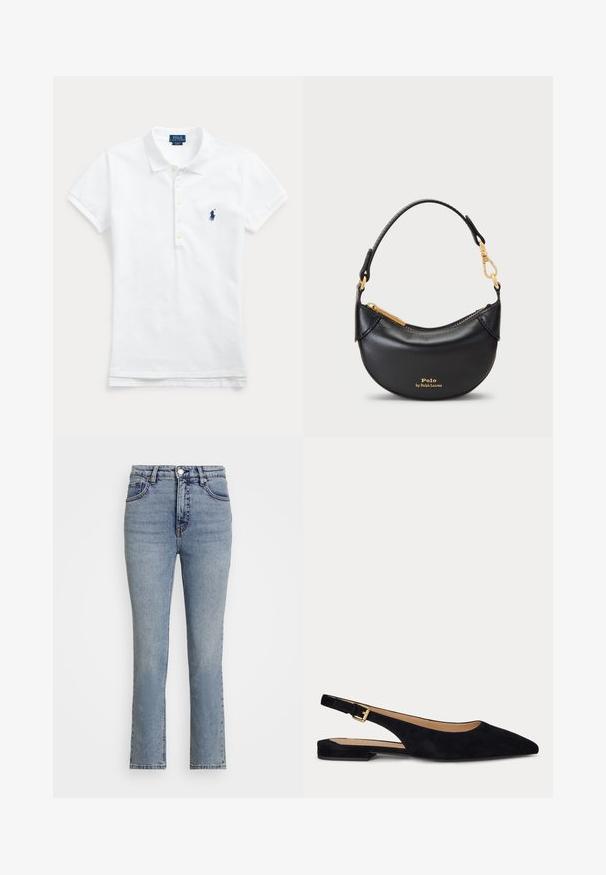 Wit polo shirt met korte mouwen, kraag, knoopsluiting en blauw geborduurd logo op de linkerborst.; Lichtblauwe denim jeans met een hoge taille, rechte pijpen en subtiele vervaging. Bevat een metalen knoop en contrasterende stiksels.; Zwarte suède platte slingback met spitse neus, lage hak en verstelbare gouden gesp.; Zwarte leren handtas met een ronde silhouet, metalen rits en een korte handgreep. Voorzien van gouden accenten en een geperst logo aan de voorkant.