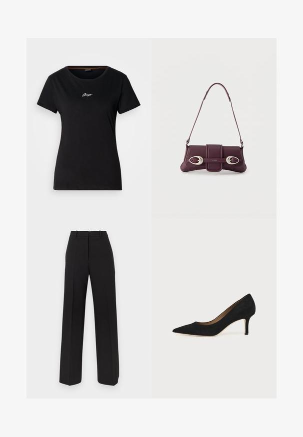 T-shirt noir à manches courtes en coton. Présente un col rond et un logo "Boss" blanc brodé sur la poitrine. Texture lisse.; Pantalon noir à jambes larges en tissu lisse, avec une taille haute, deux plis avant et des poches latérales discrètes.; Escarpin en daim noir à bout pointu avec un talon stiletto fin de hauteur moyenne et un design à coupe basse sur un fond uni.; Sac à bandoulière en cuir violet foncé avec boucles ovales argentées et logo "HUGO" sur le rabat avant, bandoulière fine, design minimaliste.